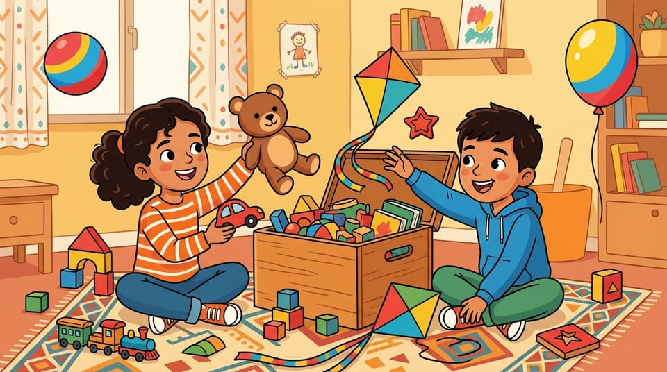 Maya et Omar assis autour d'une boîte à jouets pleine de jouets colorés